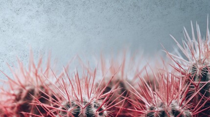 Close-up of clustered cactus spines, a muted light-gray textured background