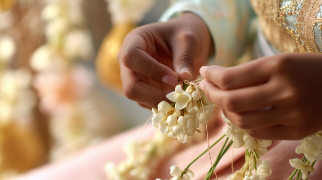 Hands delicately arranging Lamduan flowers during a traditional Flower Festival in Thailand, capturing the essence of culture and beauty in a serene environment