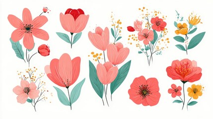 Obraz premium Watercolor Floral Set Featuring Red Pink and Yellow Flowers with Teal Leaves on White Background for Graphic Design