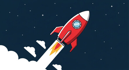 Red rocket launching into starry night sky with clouds.