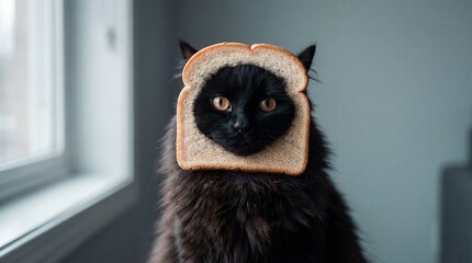 Fototapeta premium A black cat with a slice of bread on its head standing in a room with a window