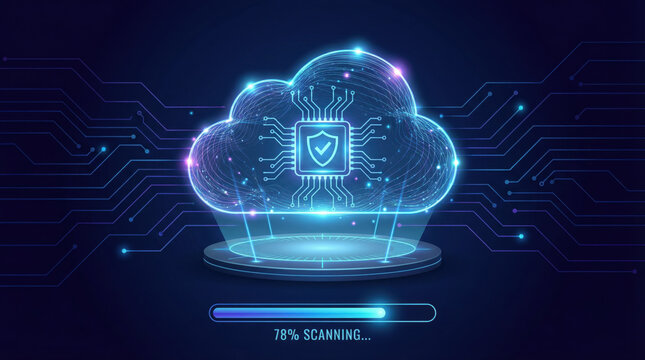 Cloud security cybersecurity cloud computing data protection network firewall encryption secure server hologram shield icon, circuit background, scanning bar, protected access for infrastructure