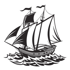 A black and white drawing of a sailing ship on the water Vector © md