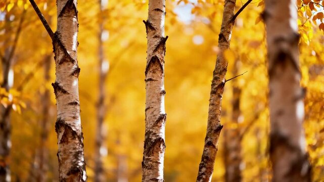 Birch tree trunks in autumn forest