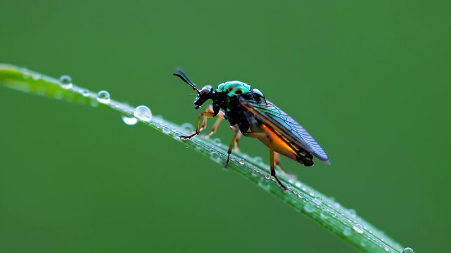 Macro shot of a green sweat bee on a blade of grass.