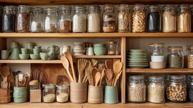 A neat, wooden kitchen shelf displays various glass jars filled with dry ingredients, alongside wooden utensils and ceramic dishware