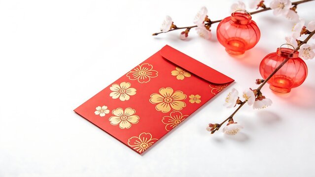 Chinese New Year& Lantern Festival: TRed envelope with flowers and lanterns