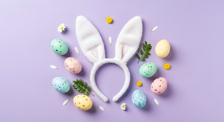 Easter bunny background with pastel eggs and bunny ears headband