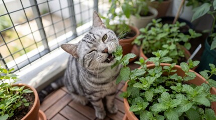 A gray tabby cat enjoys mint leaves on a wooden balcony surrounded by potted plants