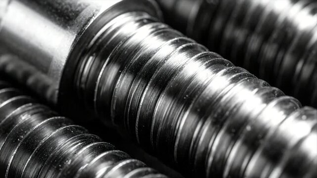 Close-up of metallic threaded rods, with ridges and highlights. Grayscale, macro