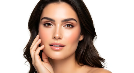 Fototapeta premium Beauty portrait of young brunette woman with wavy hair touching her face. Skincare concept with glowing skin isolated on white background