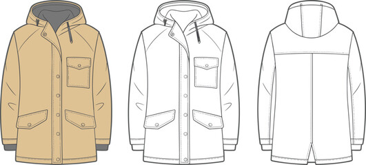 Hooded parka jacket technical flat sketch, fashion CAD drawing, front and back view, winter outerwear apparel template vector illustration isolated design set © Candek