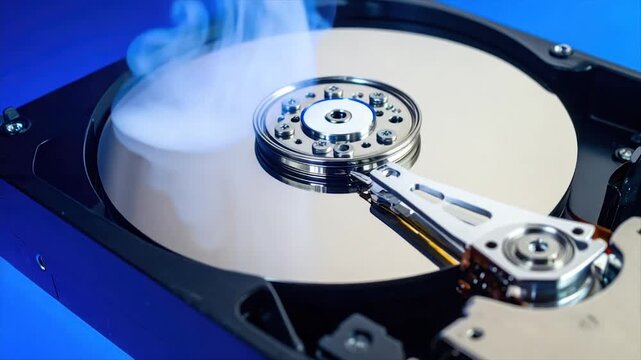 An open computer hard drive with a reflective disk and reading arm, releasing vapor