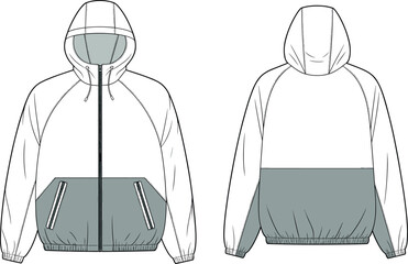 Men hooded windbreaker jacket cad drawing, flat vector illustration, front and back view, fashion technical sketch, apparel template, isolated clothing design production © Candek