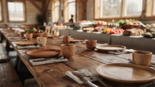 Interior of camp dining hall set for lunch showing closeup of wooden tableware on long shared tables buffet line out of focus with vibrant salad bowls and entrees in warm daylight.