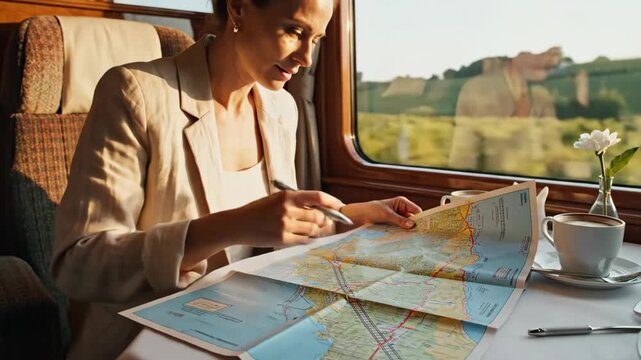 Woman planning trip with map on train. Female traveler drinking coffee and checking route near window. Railway journey concept