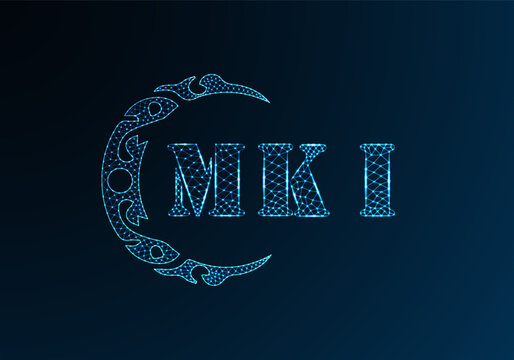 Low poly letter logo MKI design. MKI letter logo low poly vector design on blue color gradient background. MKI logo low poly design