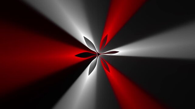 Abstract red and white glowing flower shape with symmetrical light rays on black background
