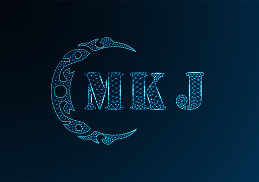 Low poly letter logo MKJ design. MKJ letter logo low poly vector design on blue color gradient background. MKJ logo low poly design