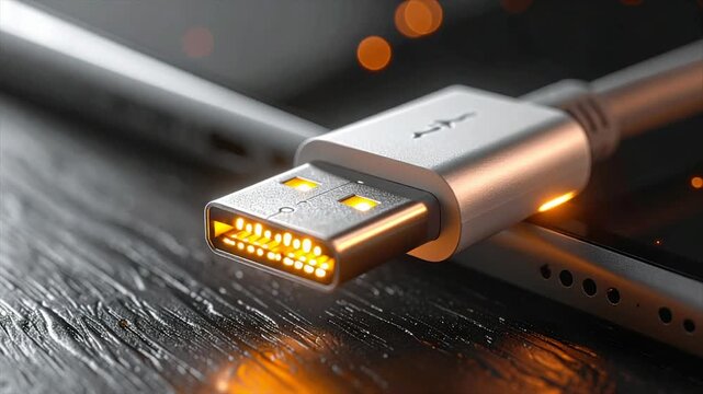 Macro shot of a USB cable connector with a glowing interior, lying on a dark surface