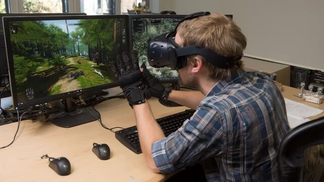 Medium angle of a professional using VR gloves to navigate complex repossession challenges showcasing handson immersive education technology.