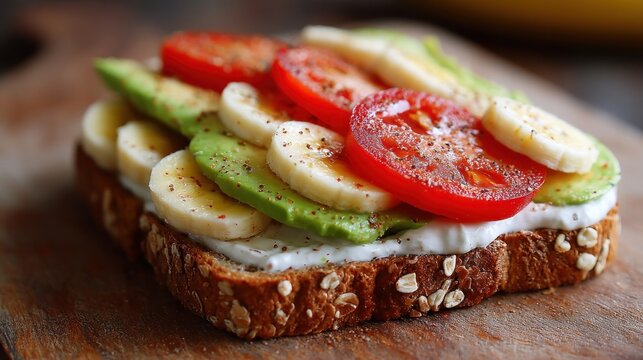 Multigrain toast topped with avocado, banana, tomato slices, and creamy spread on a wooden surface