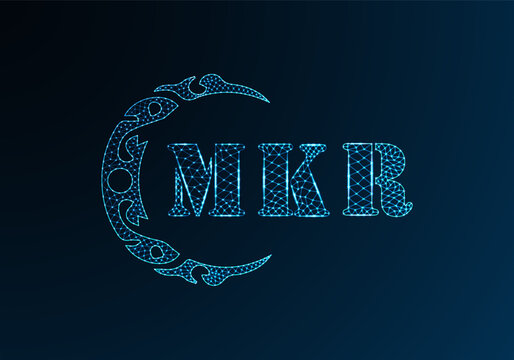 Low poly letter logo MKR design. MKR letter logo low poly vector design on blue color gradient background. MKR logo low poly design