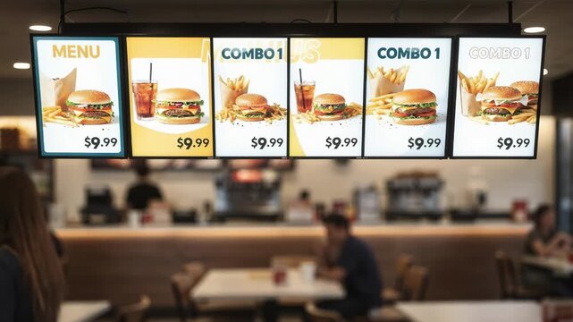 Medium shot of illuminated digital menu screens highlighting vibrant combo meal promotions with blurred background emphasizing the menus sharp clarity and appeal.