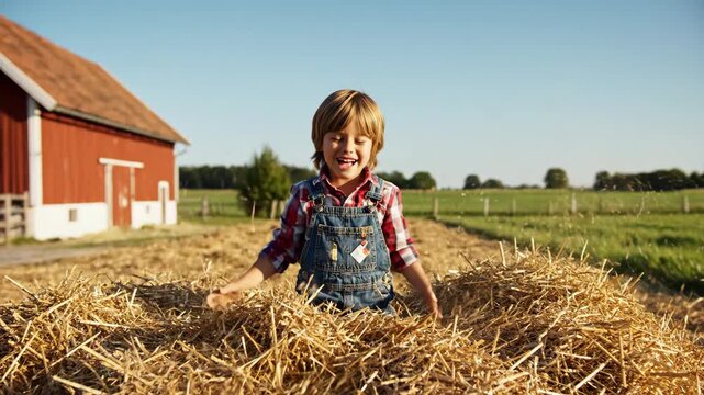 Young boy playing in hay on a farm. Happy child throwing straw in the air near a red barn. Rural childhood and farm life concept
