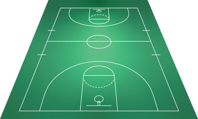 Green Basketball Court Perspective View - Realistic  Angled Basketball Pitch Layout with White Lines for Sports Strategy and Game Tactics Vector Illustration