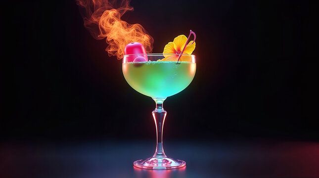Vibrant neon green tropical cocktail in a coupe glass with yellow hibiscus flower and orange flame on dark background