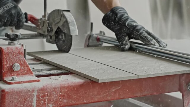 Construction worker cutting a ceramic tile with an electric saw. Close-up of gloved hands using a tile cutter machine with dust flying. Home renovation concept