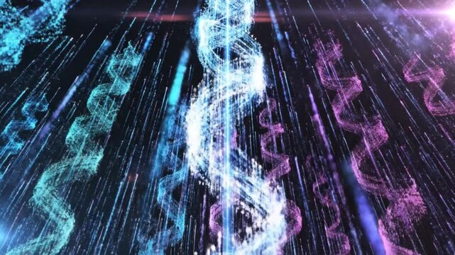 Three helixes of varying color ascending with linear trails against a dark backdrop and light glares