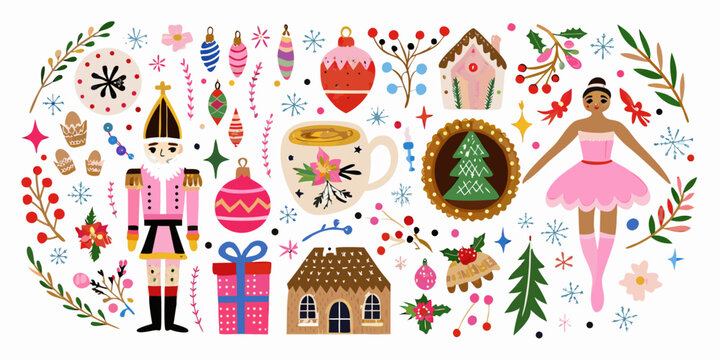 Festive christmas illustrations nutcrackers ballerinas ornaments and gingerbread houses