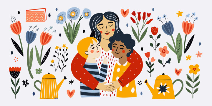 A mother embracing her two children amidst colorful floral and garden elements