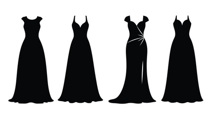 Four elegant evening dresses displayed in a striking black silhouette © Hiron