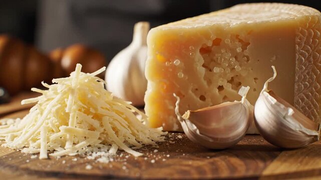 A close up shot of cheese being grated, with garlic and other ingredients on a wooden board
