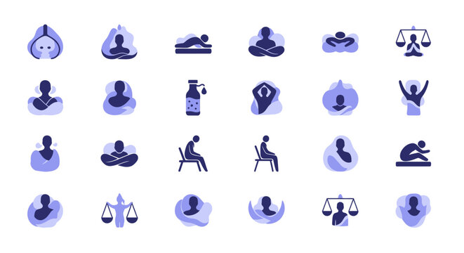 Yoga poses and meditation icons set.