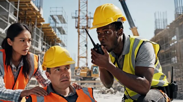 Construction worker calling for emergency help on walkie-talkie. Diverse team responding to an accident on site