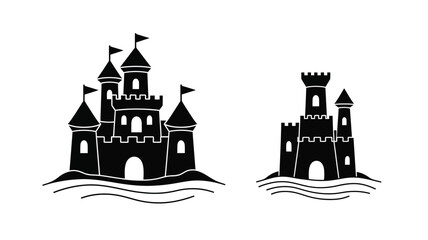 Two castles on islands detailed black shapes distinctive silhouette © Hiron