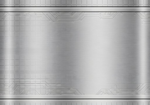brushed silver metal background with circuit board pattern and frame