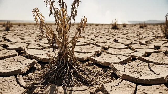 Dead plant in cracked earth during a severe drought. Close-up of parched ground and withered vegetation. Climate change and environmental crisis concept