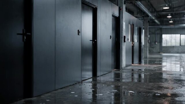 Close medium shot of multiple suite entrances in an updated industrial warehouse with rainsoaked surfaces capturing focused door frames and blurred reflections.
