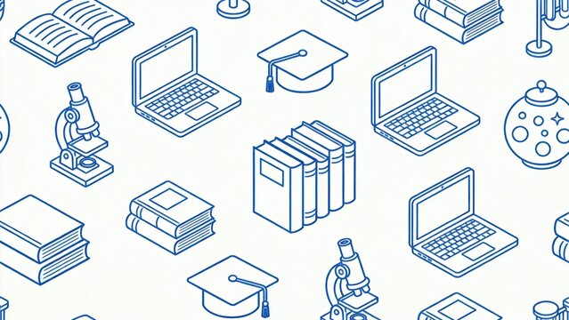 Seamless education and science pattern with books,laptops,graduation caps and microscopes,line art academic background for e learning and research design