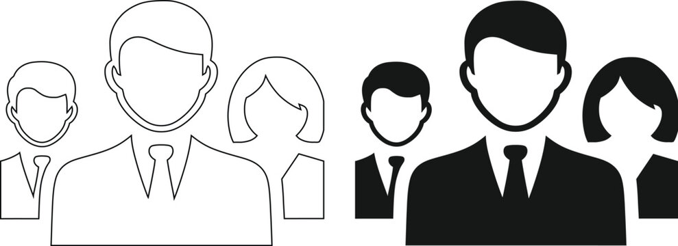 Vector business team icon set, group of office professional people with leader, corporate staff silhouette and outline design.
