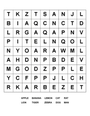 Word search puzzle with animals and common words to find in grid format for entertainment and education