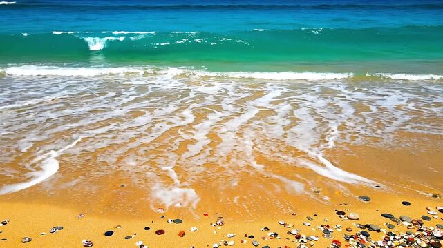 Serene beach scene with waves gently washing over golden sand and pebbles showcasing ocean gradient from deep blue to turquoise