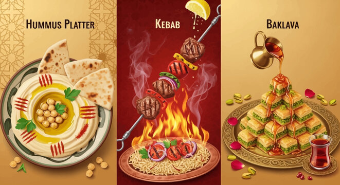 Delicious trio of traditional Middle Eastern dishes featuring creamy hummus platter, grilled flaming kebab over saffron rice, and syrupy pistachio baklava dessert.