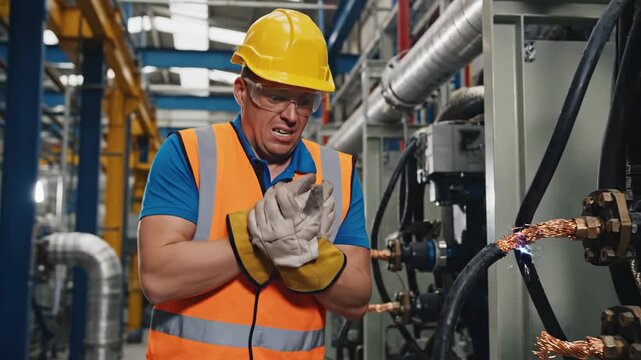 Construction worker getting an electric shock from industrial cables. Worker reacting to a sudden electrical accident with sparks. Occupational safety and hazard concept