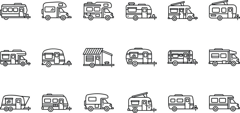 Camper Van and Motorhome Line Icons Set RV Caravan Camping Vehicle Outline Vector Collection